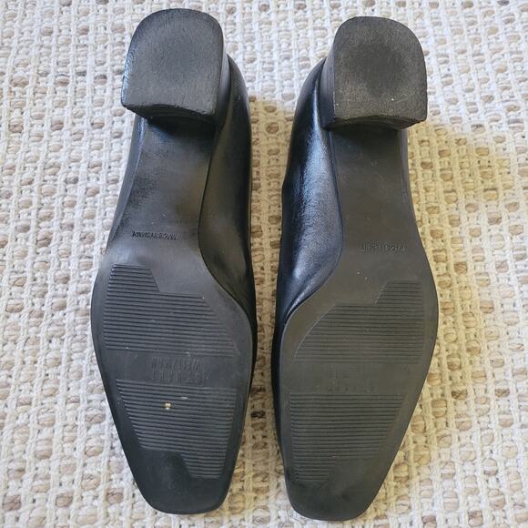 Stuart Weitzman Womens 7* Black Leather Heels Square Toe Whip Stitch Block Heel - Picture 7 of 8